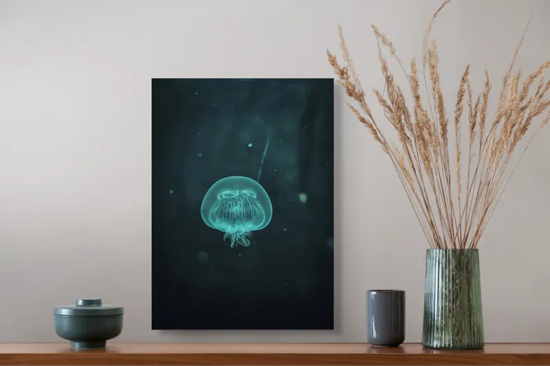 Tablou Canvas, "Meduză plutind în ocean întunecat", Mister, Luminiscență, Profunzime, Delicatețe, Fluiditate, Misterios, Etereal, Subacvatic, Calm, Frumusețe, Transparență, Singurătate, 39 x 54 cm – poza 3