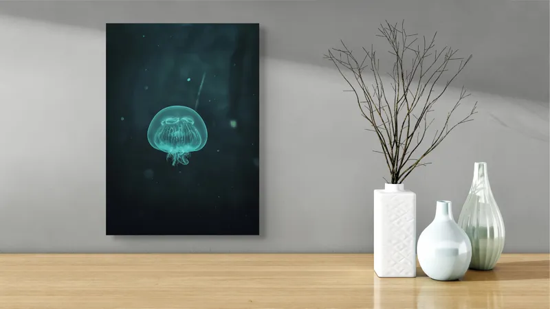Tablou Canvas, "Meduză plutind în ocean întunecat", Mister, Luminiscență, Profunzime, Delicatețe, Fluiditate, Misterios, Etereal, Subacvatic, Calm, Frumusețe, Transparență, Singurătate, 39 x 54 cm – poza 4