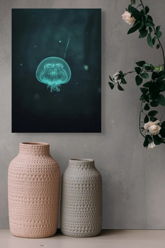 Tablou Canvas, "Meduză plutind în ocean întunecat", Mister, Luminiscență, Profunzime, Delicatețe, Fluiditate, Misterios, Etereal, Subacvatic, Calm, Frumusețe, Transparență, Singurătate, 39 x 54 cm – poza 6