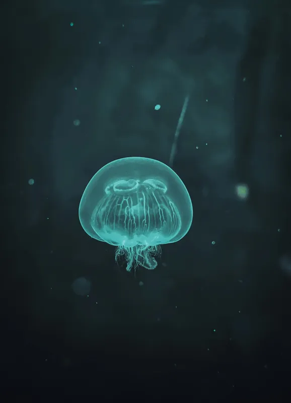 Tablou Canvas, "Meduză plutind în ocean întunecat", Mister, Luminiscență, Profunzime, Delicatețe, Fluiditate, Misterios, Etereal, Subacvatic, Calm, Frumusețe, Transparență, Singurătate, 39 x 54 cm – poza 2