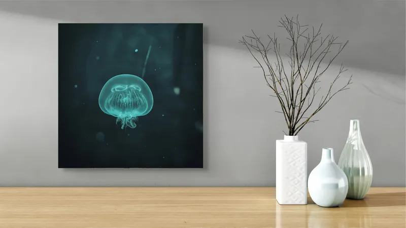 Tablou Canvas, "Meduză plutind în ocean întunecat", Mister, Luminiscență, Profunzime, Delicatețe, Fluiditate, Misterios, Etereal, Subacvatic, Calm, Frumusețe, Transparență, Singurătate, 50 x 50 cm – poza 3