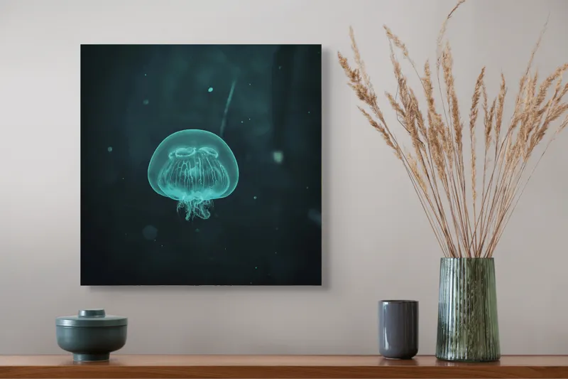 Tablou Canvas, "Meduză plutind în ocean întunecat", Mister, Luminiscență, Profunzime, Delicatețe, Fluiditate, Misterios, Etereal, Subacvatic, Calm, Frumusețe, Transparență, Singurătate, 50 x 50 cm – poza 4