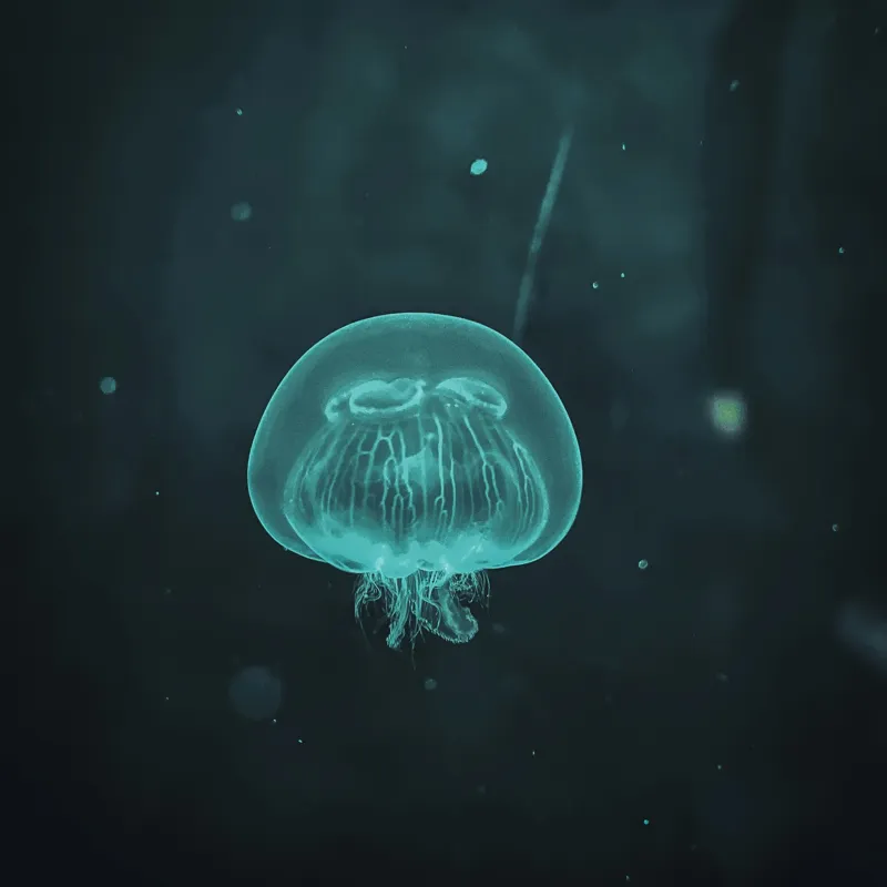 Tablou Canvas, "Meduză plutind în ocean întunecat", Mister, Luminiscență, Profunzime, Delicatețe, Fluiditate, Misterios, Etereal, Subacvatic, Calm, Frumusețe, Transparență, Singurătate, 50 x 50 cm – poza 2