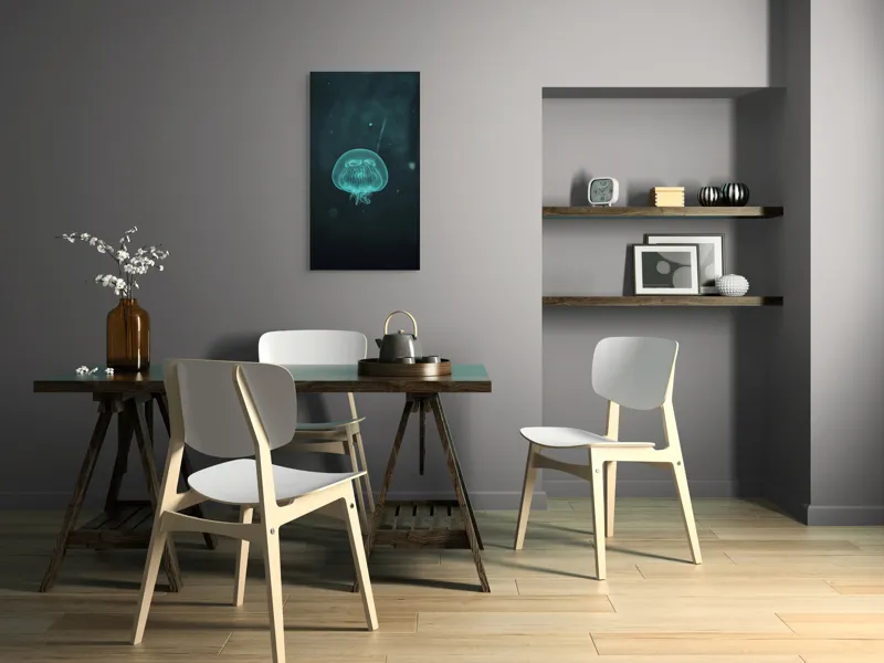 Tablou Canvas, "Meduză plutind în ocean întunecat", Mister, Luminiscență, Profunzime, Delicatețe, Fluiditate, Misterios, Etereal, Subacvatic, Calm, Frumusețe, Transparență, Singurătate, 50 x 90 cm – poza 4