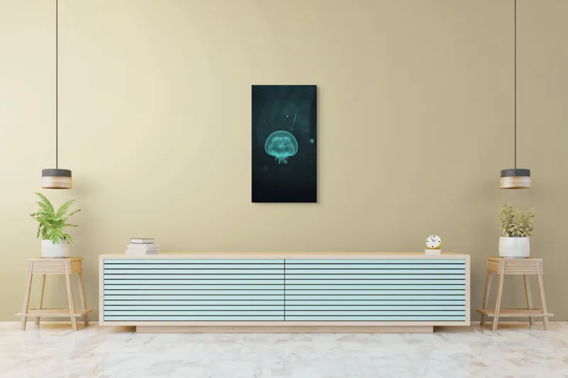 Tablou Canvas, "Meduză plutind în ocean întunecat", Mister, Luminiscență, Profunzime, Delicatețe, Fluiditate, Misterios, Etereal, Subacvatic, Calm, Frumusețe, Transparență, Singurătate, 50 x 90 cm – poza 6