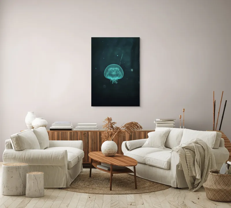 Tablou Canvas, "Meduză plutind în ocean întunecat", Mister, Luminiscență, Profunzime, Delicatețe, Fluiditate, Misterios, Etereal, Subacvatic, Calm, Frumusețe, Transparență, Singurătate, 70 x 100 cm – poza 4