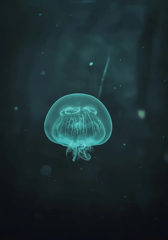 Tablou Canvas, "Meduză plutind în ocean întunecat", Mister, Luminiscență, Profunzime, Delicatețe, Fluiditate, Misterios, Etereal, Subacvatic, Calm, Frumusețe, Transparență, Singurătate, 70 x 100 cm – poza 2