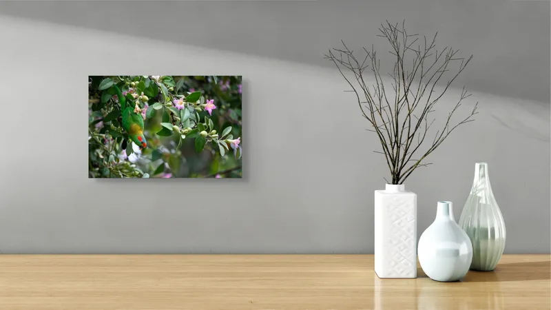 Tablou Canvas, "Papagalul ascuns printre flori roz", Verde, Papagal, Flori, Roz, Frunze, Natură, Ramuri, Frumusețe, Echilibru, Viu, 39 x 26 cm – poza 8
