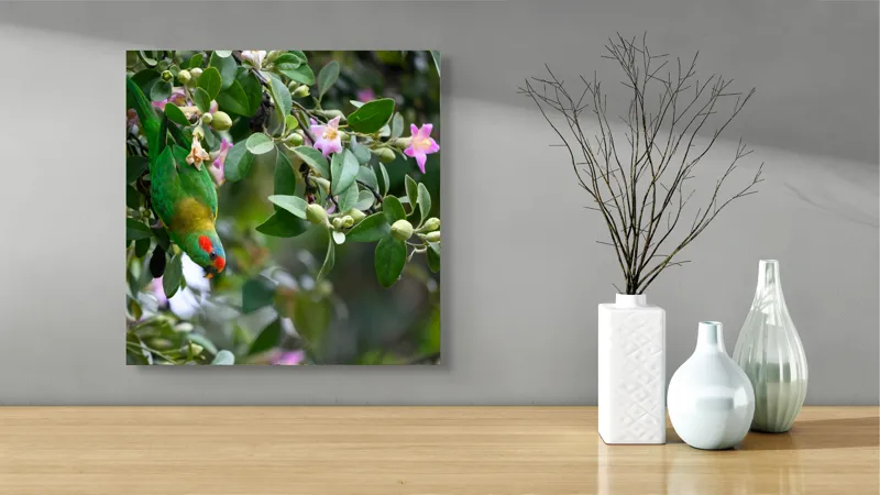 Tablou Canvas, "Papagalul ascuns printre flori roz", Verde, Papagal, Flori, Roz, Frunze, Natură, Ramuri, Frumusețe, Echilibru, Viu, 50 x 50 cm – poza 3