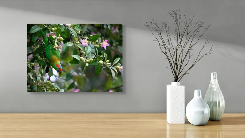 Tablou Canvas, "Papagalul ascuns printre flori roz", Verde, Papagal, Flori, Roz, Frunze, Natură, Ramuri, Frumusețe, Echilibru, Viu, 54 x 39 cm – poza 3