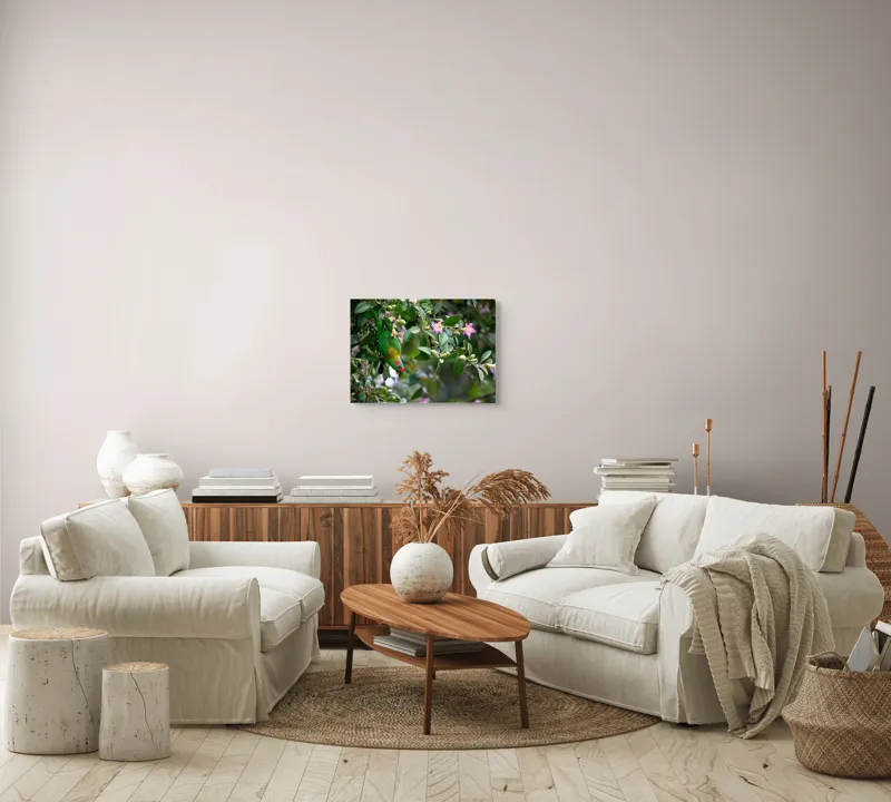 Tablou Canvas, "Papagalul ascuns printre flori roz", Verde, Papagal, Flori, Roz, Frunze, Natură, Ramuri, Frumusețe, Echilibru, Viu, 54 x 39 cm – poza 5
