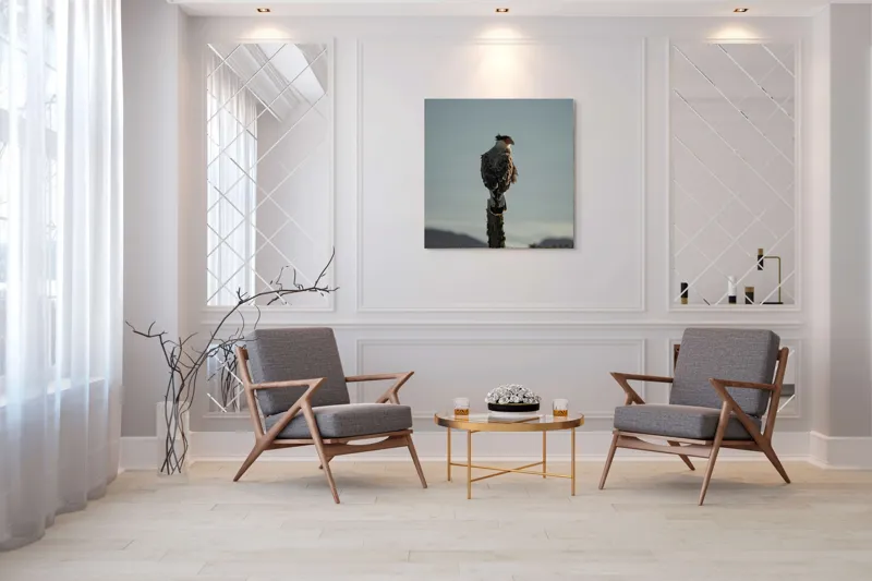 Tablou Canvas, "Cerectarul solitar pe stâlp înalt", Vultur, Stingher, Stâlp, Cer, Peisaj, Liniște, Aripi, 100 x 100 cm – poza 7