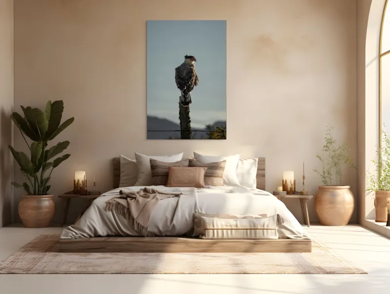 Tablou Canvas, "Cerectarul solitar pe stâlp înalt", Vultur, Stingher, Stâlp, Cer, Peisaj, Liniște, Aripi, 100 x 150 cm – poza 3
