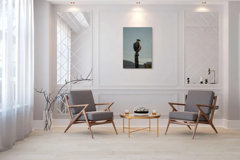 Tablou Canvas, "Cerectarul solitar pe stâlp înalt", Vultur, Stingher, Stâlp, Cer, Peisaj, Liniște, Aripi, 70 x 100 cm – poza 8