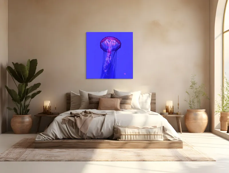 Tablou Canvas, "Meduză plutind în lumină albastră", Meduză, Strălucire, Albastru, Ocean, Grație, Tentacule, Mister, Lumina, Frumusețe., 100 x 100 cm – poza 4