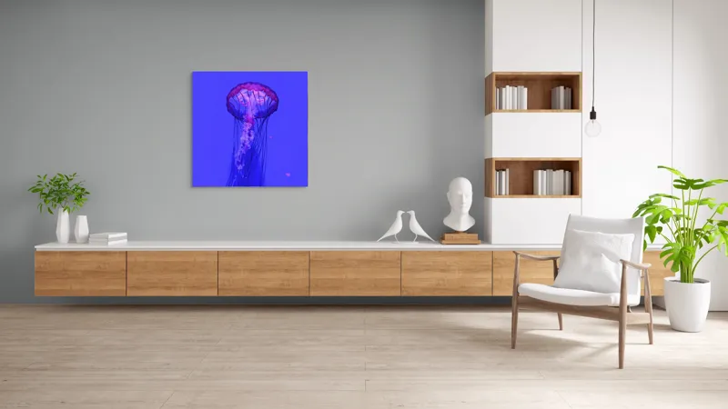 Tablou Canvas, "Meduză plutind în lumină albastră", Meduză, Strălucire, Albastru, Ocean, Grație, Tentacule, Mister, Lumina, Frumusețe., 100 x 100 cm – poza 8