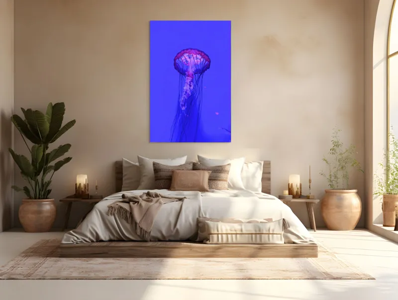 Tablou Canvas, "Meduză plutind în lumină albastră", Meduză, Strălucire, Albastru, Ocean, Grație, Tentacule, Mister, Lumina, Frumusețe., 100 x 150 cm – poza 3