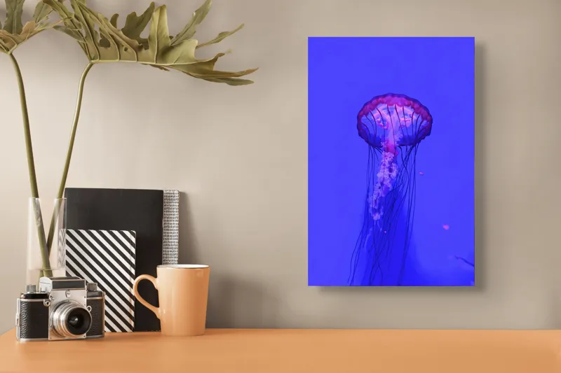 Tablou Canvas, "Meduză plutind în lumină albastră", Meduză, Strălucire, Albastru, Ocean, Grație, Tentacule, Mister, Lumina, Frumusețe., 26 x 39 cm – poza 3