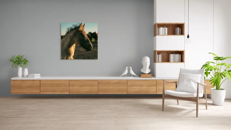 Tablou Canvas, "Mânzul sub cerul senin", Cal, Mânz, Apus, Câmpie, Umbră, Blană, Cer, Natură, Tranquilitate, 100 x 100 cm – poza 8