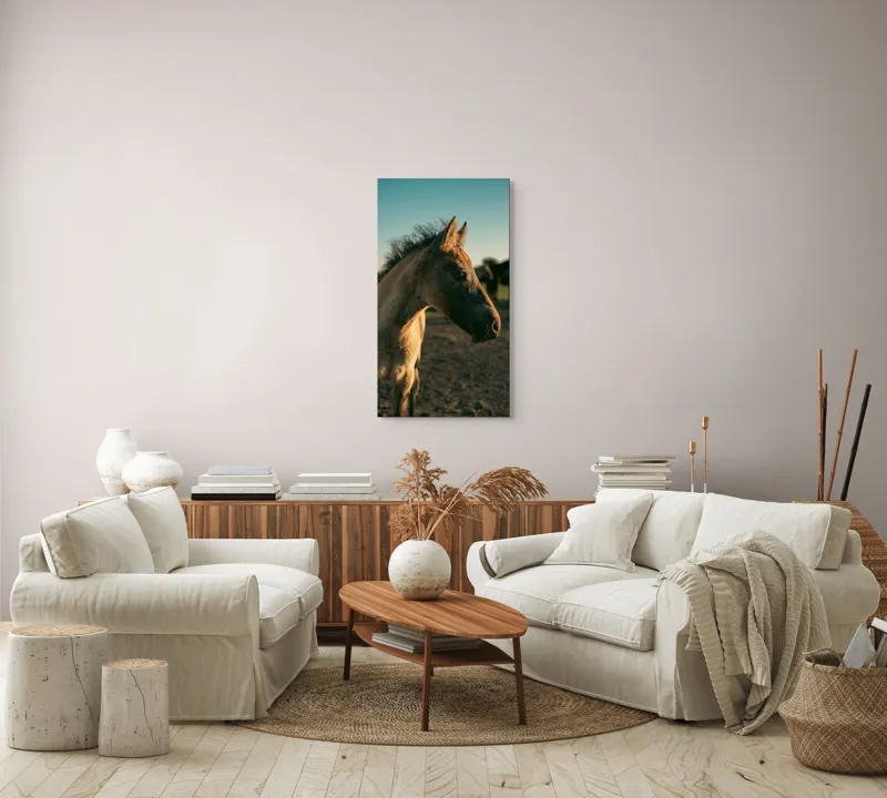 Tablou Canvas, "Mânzul sub cerul senin", Cal, Mânz, Apus, Câmpie, Umbră, Blană, Cer, Natură, Tranquilitate, 50 x 90 cm – poza 7