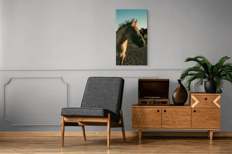 Tablou Canvas, "Mânzul sub cerul senin", Cal, Mânz, Apus, Câmpie, Umbră, Blană, Cer, Natură, Tranquilitate, 50 x 90 cm – poza 8