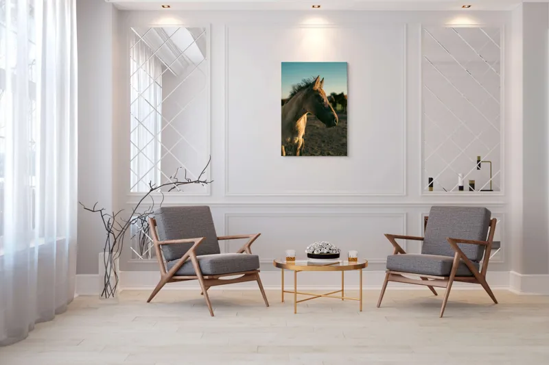 Tablou Canvas, "Mânzul sub cerul senin", Cal, Mânz, Apus, Câmpie, Umbră, Blană, Cer, Natură, Tranquilitate, 70 x 100 cm – poza 8