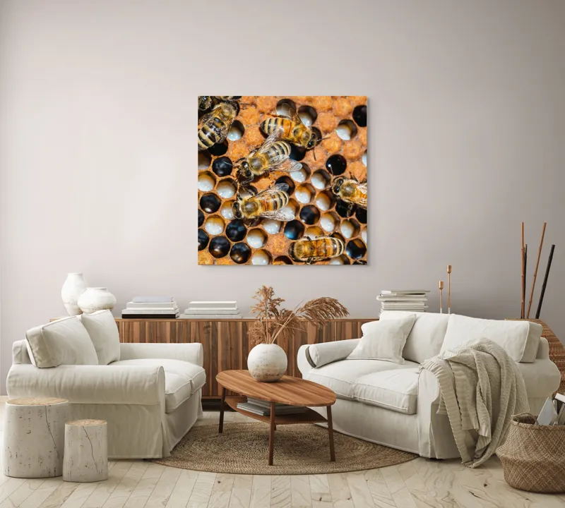Tablou Canvas, "Albine lucrând în stupul lor", Albine, Fagure, Miere, Hexagoane, Nectar, Polen, Aripi, Muncă, 100 x 100 cm – poza 3