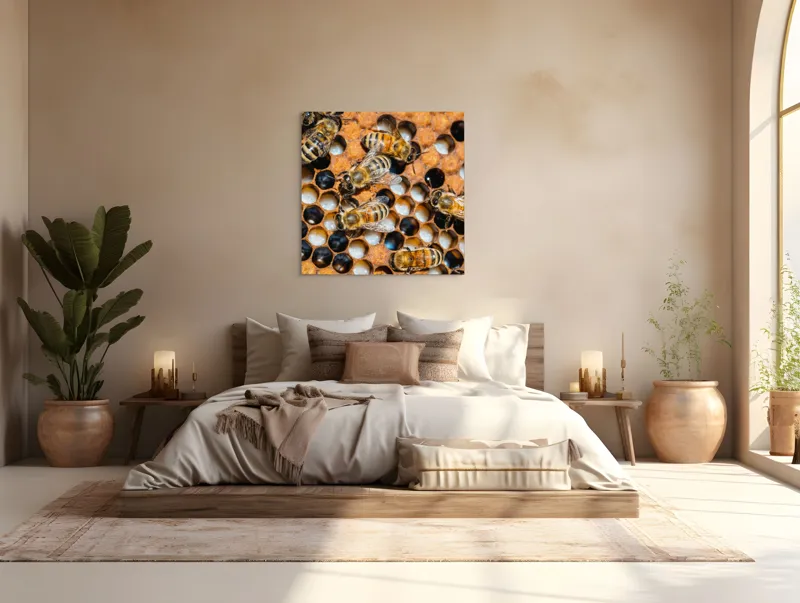 Tablou Canvas, "Albine lucrând în stupul lor", Albine, Fagure, Miere, Hexagoane, Nectar, Polen, Aripi, Muncă, 100 x 100 cm – poza 4