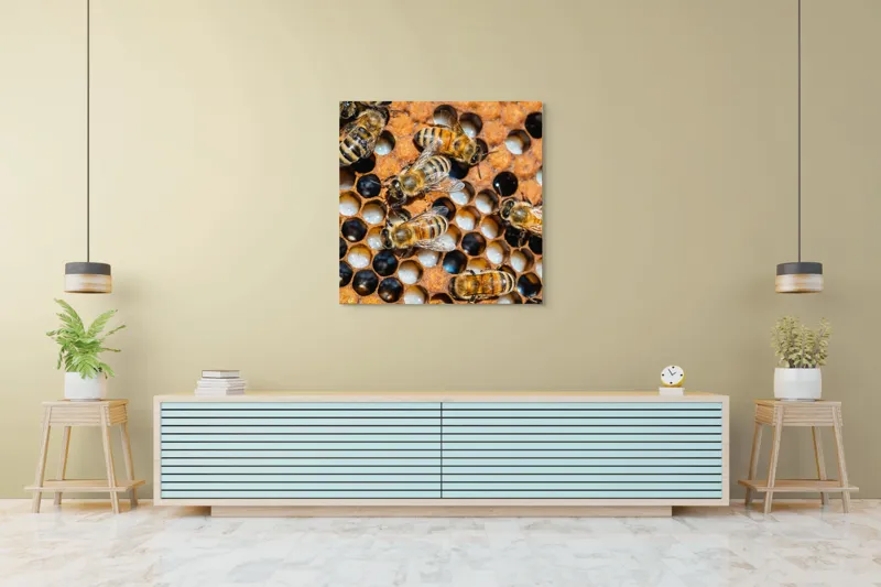 Tablou Canvas, "Albine lucrând în stupul lor", Albine, Fagure, Miere, Hexagoane, Nectar, Polen, Aripi, Muncă, 100 x 100 cm – poza 5