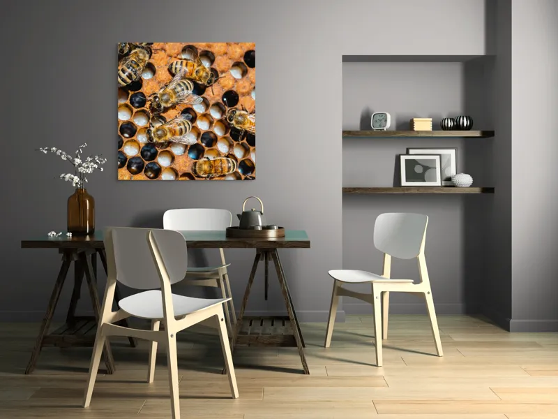 Tablou Canvas, "Albine lucrând în stupul lor", Albine, Fagure, Miere, Hexagoane, Nectar, Polen, Aripi, Muncă, 100 x 100 cm – poza 6