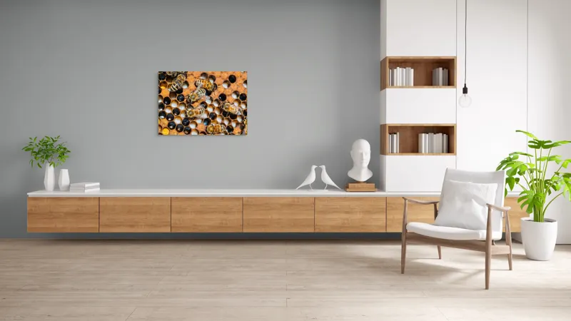Tablou Canvas, "Albine lucrând în stupul lor", Albine, Fagure, Miere, Hexagoane, Nectar, Polen, Aripi, Muncă, 100 x 70 cm – poza 6