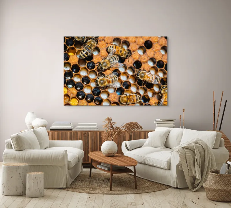 Tablou Canvas, "Albine lucrând în stupul lor", Albine, Fagure, Miere, Hexagoane, Nectar, Polen, Aripi, Muncă, 150 x 100 cm – poza 3