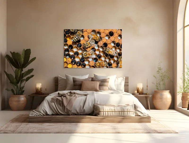 Tablou Canvas, "Albine lucrând în stupul lor", Albine, Fagure, Miere, Hexagoane, Nectar, Polen, Aripi, Muncă, 150 x 100 cm – poza 4