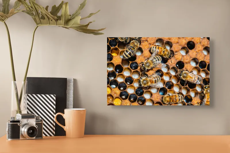 Tablou Canvas, "Albine lucrând în stupul lor", Albine, Fagure, Miere, Hexagoane, Nectar, Polen, Aripi, Muncă, 39 x 26 cm – poza 3