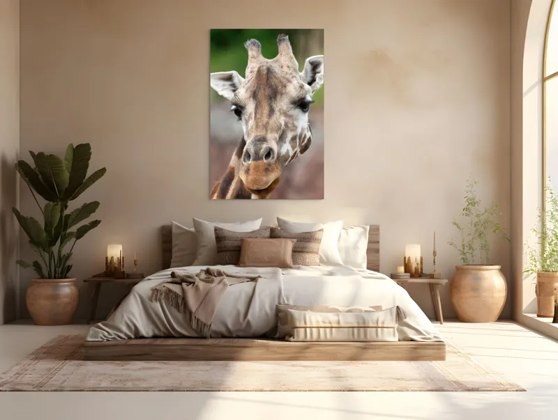 Tablou Canvas, "Întâlnire cu grațioasa girafă africană", Gât, Pete, Urechi, Blândețe, Privire, Animal, Înalțime, Natură, 100 x 150 cm – poza 3