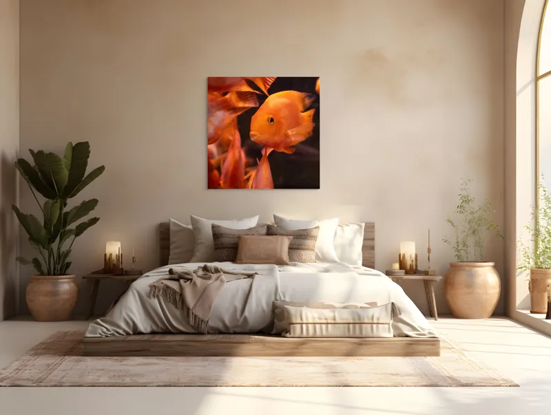 Tablou Canvas, "Dansul peștilor portocalii în apă", Portocaliu, Pește, Apă, Înot, Reflexie, Solzi, Aripioare, 100 x 100 cm – poza 4