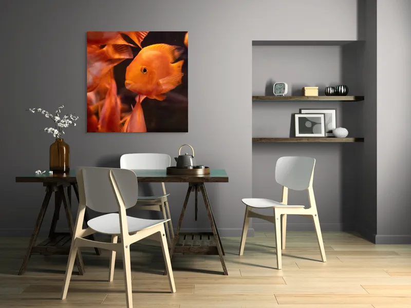 Tablou Canvas, "Dansul peștilor portocalii în apă", Portocaliu, Pește, Apă, Înot, Reflexie, Solzi, Aripioare, 100 x 100 cm – poza 6
