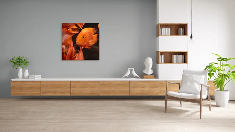 Tablou Canvas, "Dansul peștilor portocalii în apă", Portocaliu, Pește, Apă, Înot, Reflexie, Solzi, Aripioare, 100 x 100 cm – poza 8