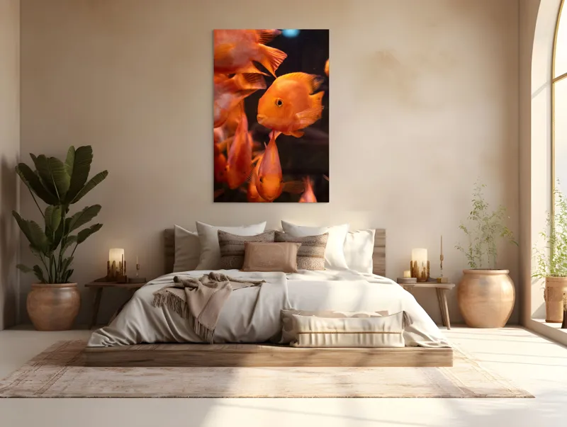 Tablou Canvas, "Dansul peștilor portocalii în apă", Portocaliu, Pește, Apă, Înot, Reflexie, Solzi, Aripioare, 100 x 150 cm – poza 3