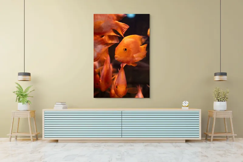 Tablou Canvas, "Dansul peștilor portocalii în apă", Portocaliu, Pește, Apă, Înot, Reflexie, Solzi, Aripioare, 100 x 150 cm – poza 4