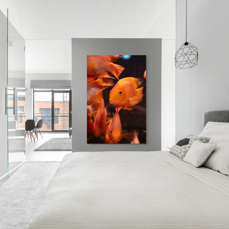Tablou Canvas, "Dansul peștilor portocalii în apă", Portocaliu, Pește, Apă, Înot, Reflexie, Solzi, Aripioare, 100 x 150 cm – poza 5