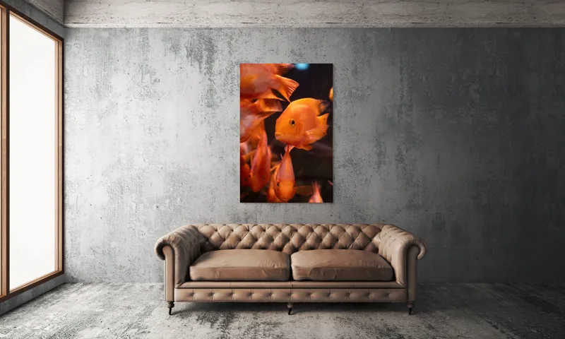 Tablou Canvas, "Dansul peștilor portocalii în apă", Portocaliu, Pește, Apă, Înot, Reflexie, Solzi, Aripioare, 100 x 150 cm – poza 6