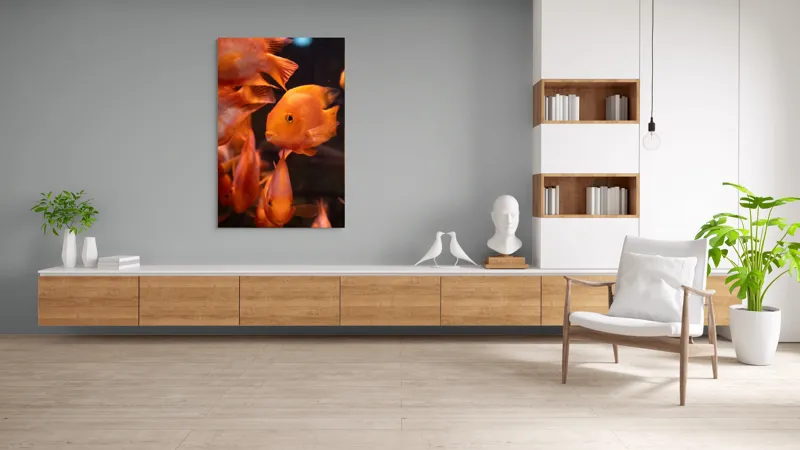Tablou Canvas, "Dansul peștilor portocalii în apă", Portocaliu, Pește, Apă, Înot, Reflexie, Solzi, Aripioare, 100 x 150 cm – poza 8