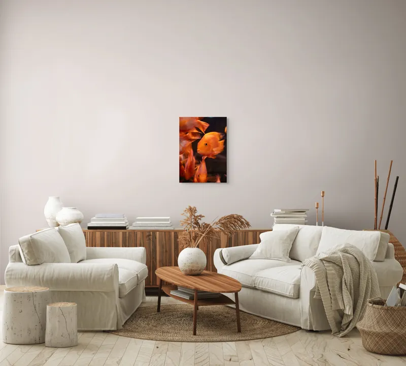 Tablou Canvas, "Dansul peștilor portocalii în apă", Portocaliu, Pește, Apă, Înot, Reflexie, Solzi, Aripioare, 39 x 54 cm – poza 5