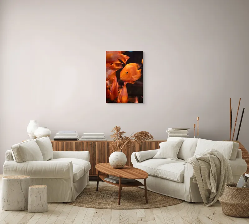 Tablou Canvas, "Dansul peștilor portocalii în apă", Portocaliu, Pește, Apă, Înot, Reflexie, Solzi, Aripioare, 50 x 70 cm – poza 4