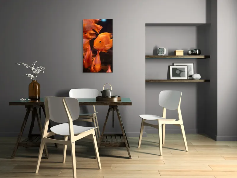 Tablou Canvas, "Dansul peștilor portocalii în apă", Portocaliu, Pește, Apă, Înot, Reflexie, Solzi, Aripioare, 50 x 90 cm – poza 4