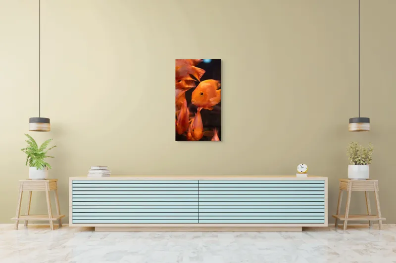 Tablou Canvas, "Dansul peștilor portocalii în apă", Portocaliu, Pește, Apă, Înot, Reflexie, Solzi, Aripioare, 50 x 90 cm – poza 6