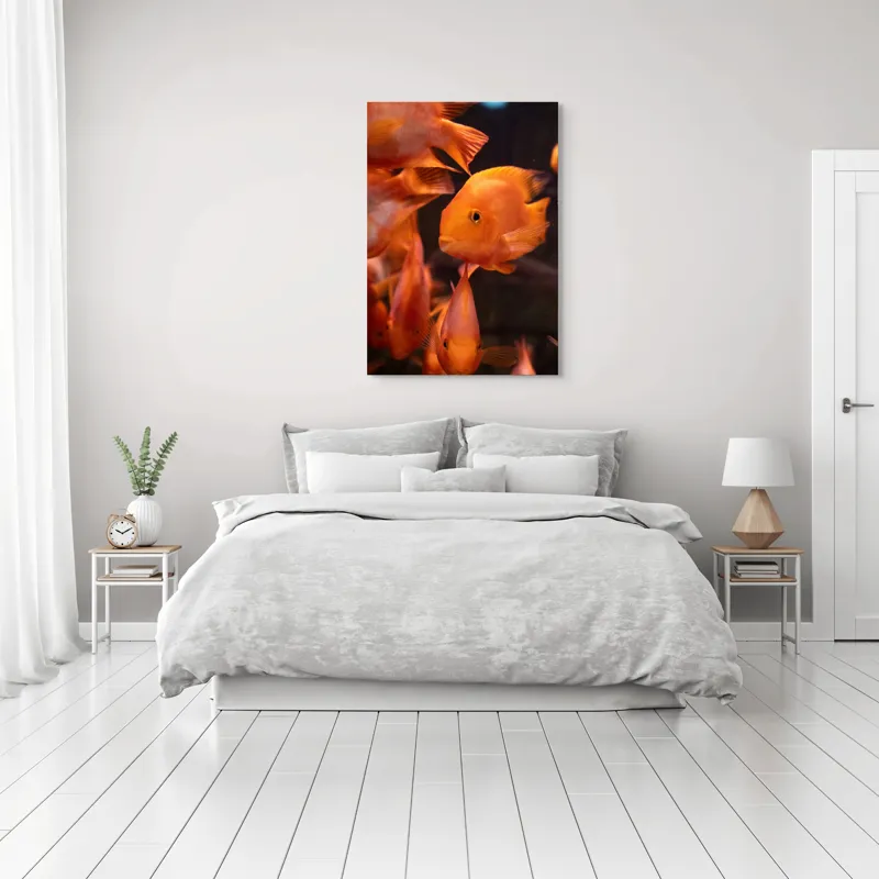 Tablou Canvas, "Dansul peștilor portocalii în apă", Portocaliu, Pește, Apă, Înot, Reflexie, Solzi, Aripioare, 70 x 100 cm – poza 3