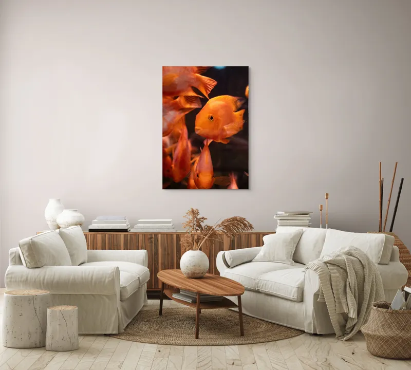 Tablou Canvas, "Dansul peștilor portocalii în apă", Portocaliu, Pește, Apă, Înot, Reflexie, Solzi, Aripioare, 70 x 100 cm – poza 4