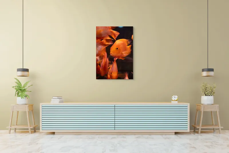 Tablou Canvas, "Dansul peștilor portocalii în apă", Portocaliu, Pește, Apă, Înot, Reflexie, Solzi, Aripioare, 70 x 100 cm – poza 5